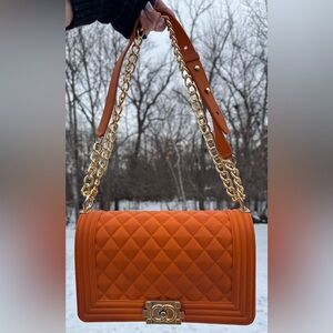Orange Rubber Quilted Chain Flap Bag Jelly Silicone Crossbody